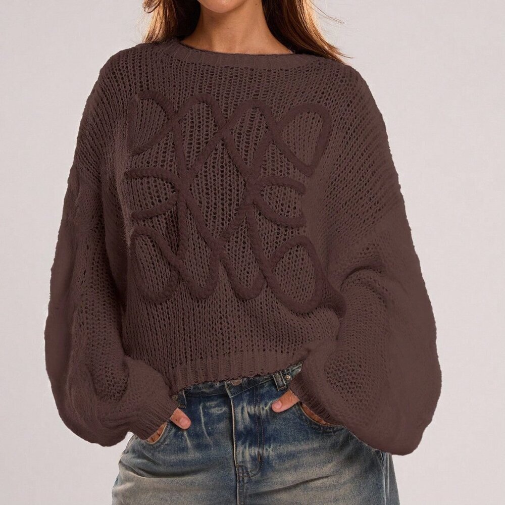 Coffee Brown Casual Women's Loose Lantern Sleeve Sweater